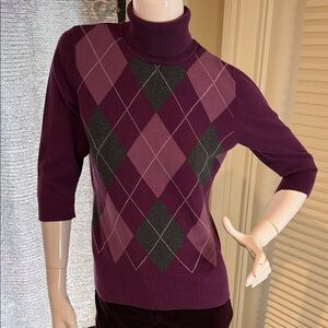 Reitmans Argyle Sweater Cotton Blend Purple Turtleneck 3/4 Sleeves Women’s Sz M